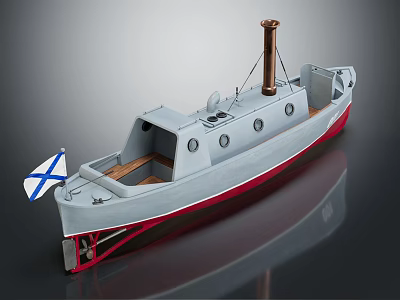 Gray Warship Model With Red Bottom Brass Chimney Wooden Deck And Bow Flag 3d model