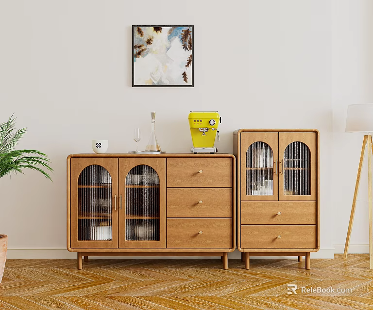 Wooden Sideboard with Glass Doors Drawers and Decorative Items Near Potted Plant and Wall Art 3d model 