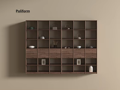 Poliform Wooden Bogu Shelf With Multiple Compartments And Decorative Bowls Vases Photo Frames 3d model