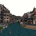 Traditional Ancient Architecture Along River With Curved Eaves Wooden Structures And Red Lanterns