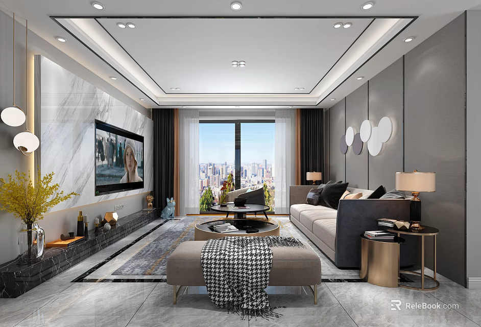 Contemporary Living Room Interior With Gray Marble Walls City View Sofa And Circular Decor 3d model 