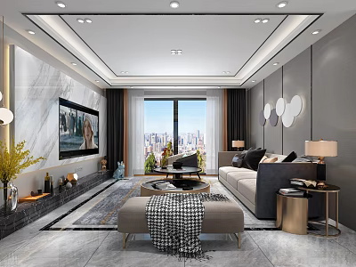 Contemporary Living Room Interior With Gray Marble Walls City View Sofa And Circular Decor 3d model
