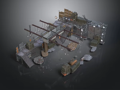 Industrial Style Scene Components With Metal Frames Stairs Platforms Crates And Debris 3d model