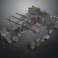 Industrial Style Scene Components With Metal Frames Stairs Platforms Crates And Debris