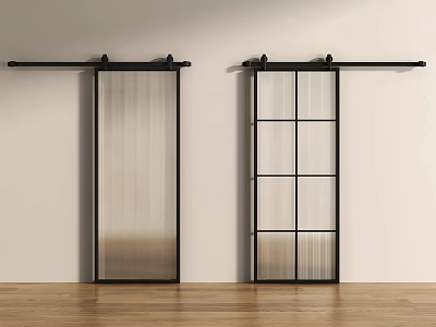 Stylish Barn Doors Featuring Vertical Stripes Grid Design And Black Sliding Track 3d model