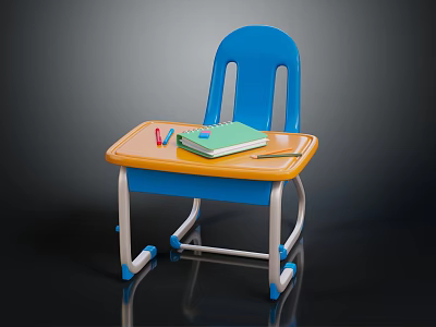 Kids Study Desk with Blue Chair and Orange Tabletop Including Green Notebook and Colored Pencils 3d model