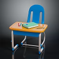Kids Study Desk with Blue Chair and Orange Tabletop Including Green Notebook and Colored Pencils