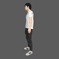 A Man Wearing White Short-Sleeve T-Shirt Black Cargo Pants and White Sneakers Against Gray Background