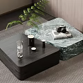 Modern Interior With Black And Marble Patterned Coffee Tables Vase Green Plant Camera Magazine
