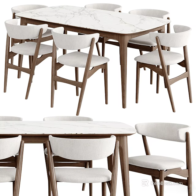 Elegant Modern Dining Table Set With Marble Top And Upholstered Wooden Chairs 3d model 