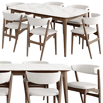 Elegant Modern Dining Table Set With Marble Top And Upholstered Wooden Chairs 3d model