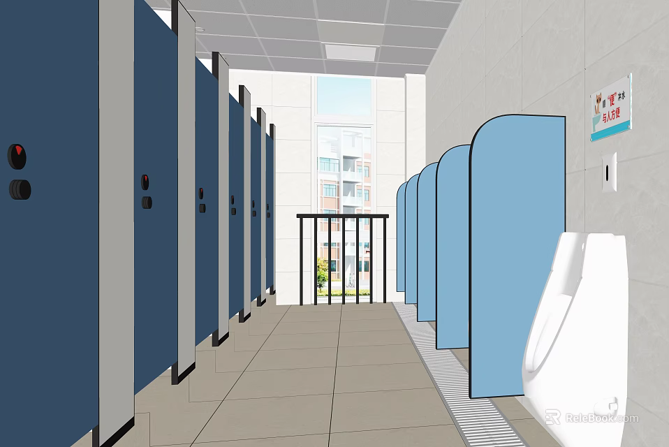 Public Restroom With Blue Stalls Urinals And Tile Floor Near Window 3d model 