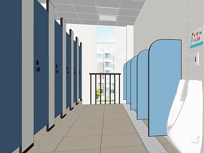 Public Restroom With Blue Stalls Urinals And Tile Floor Near Window 3d model