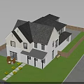 Two Story White House With Gray Roof Lawn And Wooden Fence Patio Garden