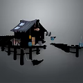 Traditional Fishing Hut Architecture With Thatched Roof On Wooden Stilts And Fishing Gear