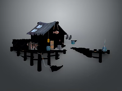 Traditional Fishing Hut Architecture With Thatched Roof On Wooden Stilts And Fishing Gear 3d model