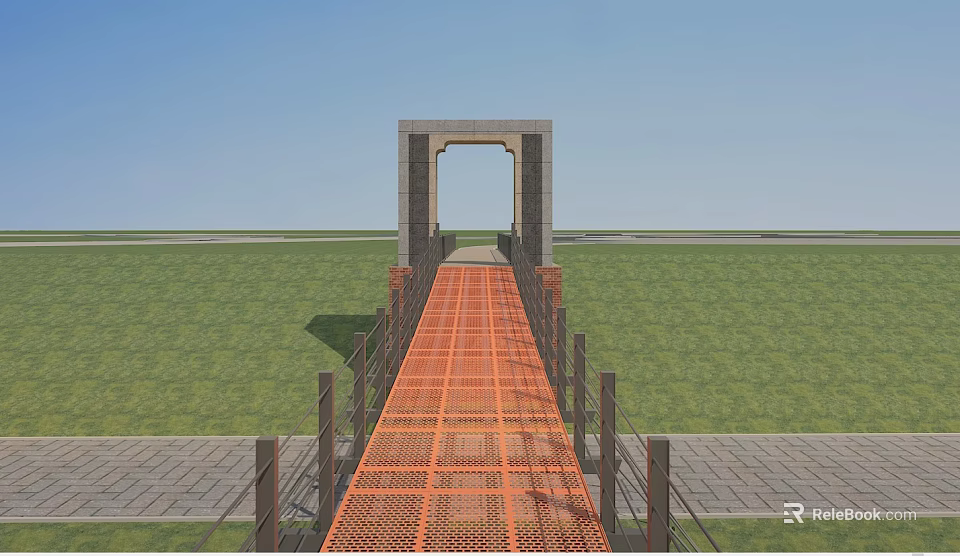 Orange Grid Bridge With Brown Railings And Gray Archway Over Green Grass And Blue Sky 3d model 