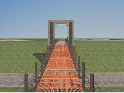 Orange Grid Bridge With Brown Railings And Gray Archway Over Green Grass And Blue Sky 3d model