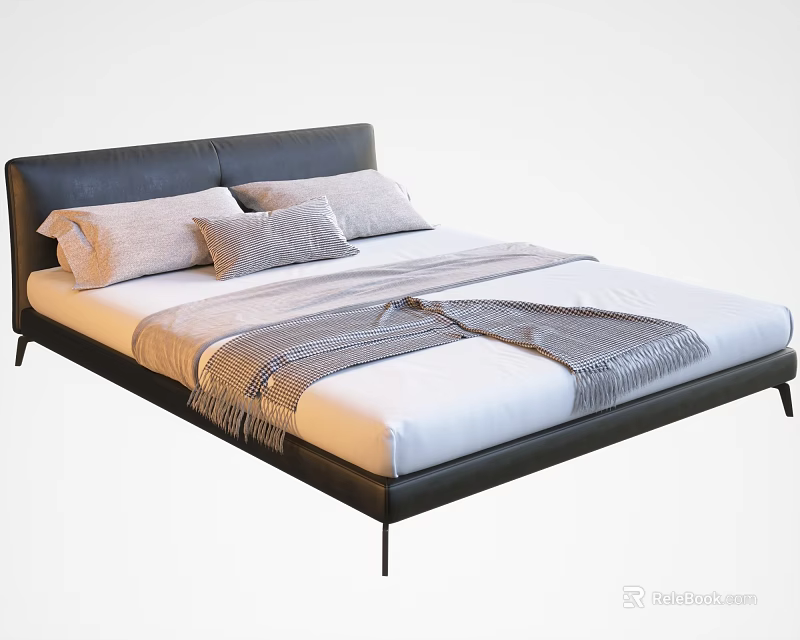 Modern Double Bed With Dark Leather Headboard Gray Pillows And Striped Blanket 3d model 