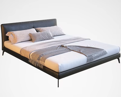 Modern Double Bed With Dark Leather Headboard Gray Pillows And Striped Blanket 3d model