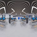 Modern Public Office Space With Multiple Workstations Computers Ergonomic Chairs And Ceiling Lights 3d model