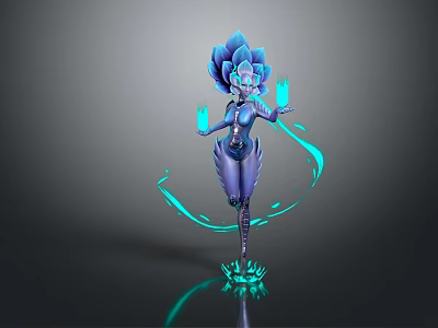 Game Movie Character With Blue Lotus Shaped Head Holding Glowing Orbs And Blue Energy Ribbons 3d model