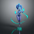 Game Movie Character With Blue Lotus Shaped Head Holding Glowing Orbs And Blue Energy Ribbons