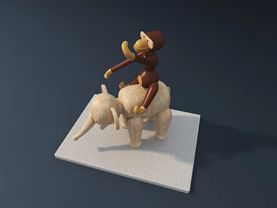 Monkey Doll Riding on Elephant Doll Placed on White Square Base 3d model