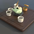 Traditional Tea Set with Green Teapot White Cups Tea Pitcher and Wooden Tray