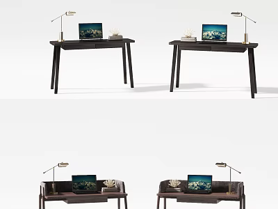 Modern Wooden Desk Setup With Laptop Table Lamp And Decorative Items 3d model
