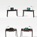 Modern Wooden Desk Setup With Laptop Table Lamp And Decorative Items