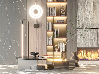Modern Coffee Table In Living Room With Lighting Bookshelf Fireplace And Green Plant 3d model