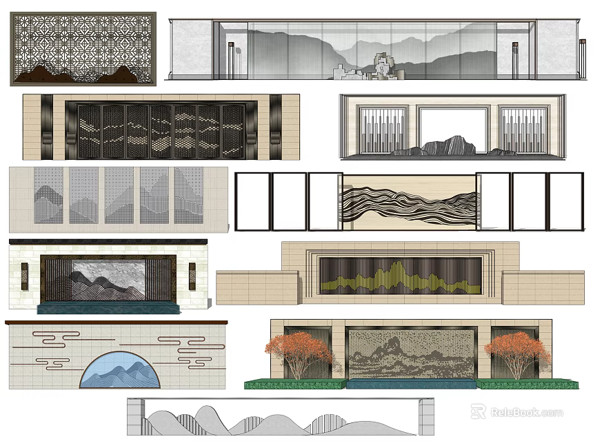 Modern Chinese Landscape Feature Wall Design With Mountain Patterns And Textured Surfaces 3d model