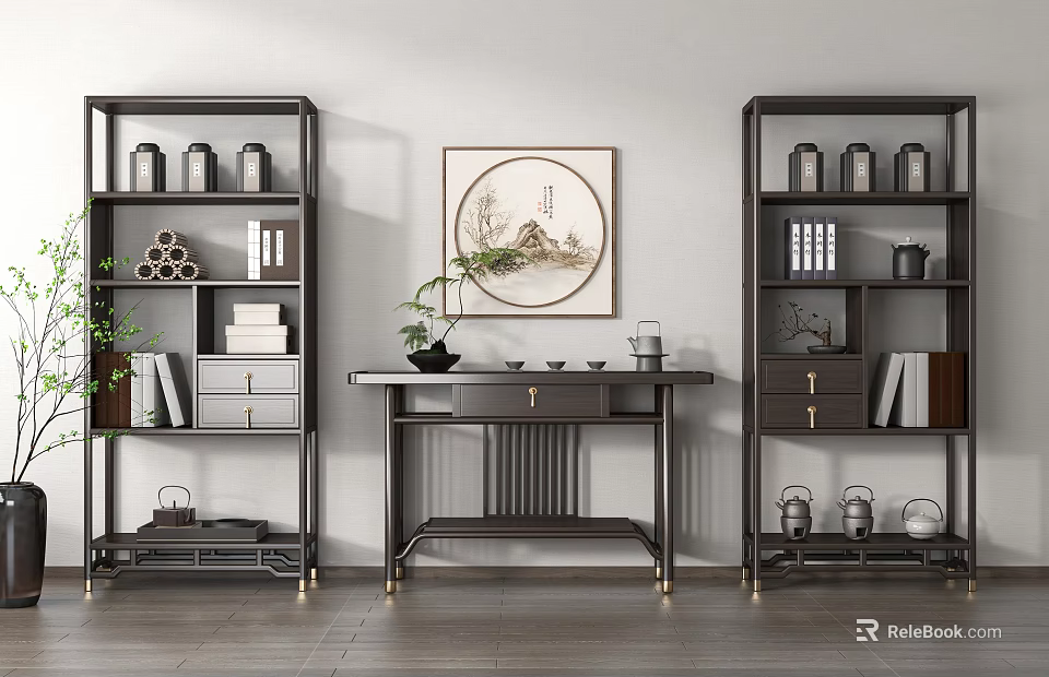 Chinese Vintage Curio Shelves with Vases Books Teapots and Console Table Under Landscape Painting 3d model 
