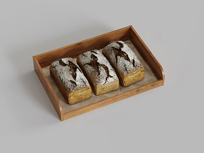 Freshly Baked Three Loaves of Bread in a Wooden Tray with White Powder Dusting 3d model