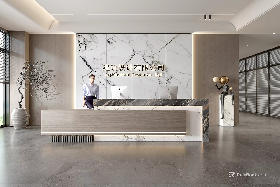 Modern Reception Desk With Marble Wall For Architectural Design Company Professional Staff And Decorative Elements 3d model 