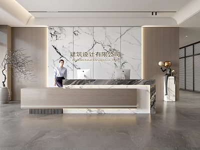 Modern Reception Desk With Marble Wall For Architectural Design Company Professional Staff And Decorative Elements 3d model