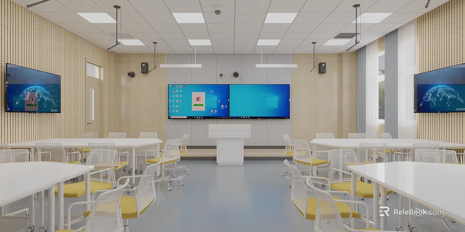School Classroom Interior With White Student Desks Podium Large Screens And Wooden Walls 3d model 