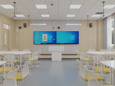 School Classroom Interior With White Student Desks Podium Large Screens And Wooden Walls 3d model