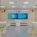 School Classroom Interior With White Student Desks Podium Large Screens And Wooden Walls
