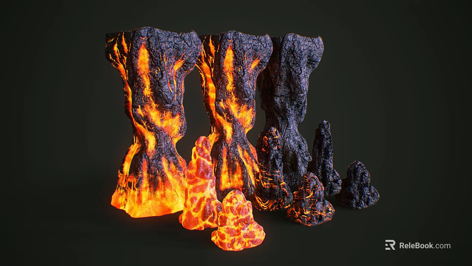 Volcanic Rock Formations With Flowing Lava In Red Orange Colors And Various Sizes 3d model 