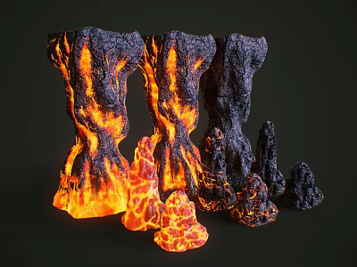 Volcanic Rock Formations With Flowing Lava In Red Orange Colors And Various Sizes 3d model