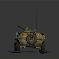Wheeled Tank with Green Yellow Camouflage Antenna Number 321 on Gray Platform Against Dark Background