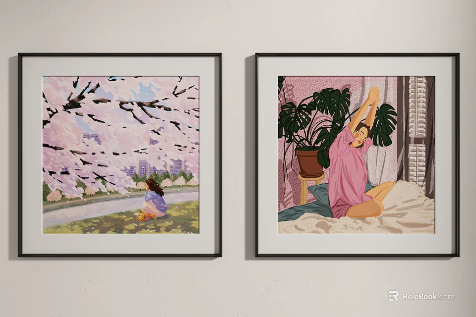 Two Framed Wall Art Paintings With Cherry Blossom Girl And Indoor Person Scene 3d model 