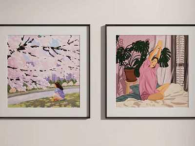 Two Framed Wall Art Paintings With Cherry Blossom Girl And Indoor Person Scene 3d model