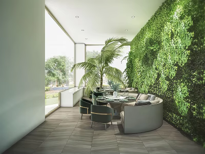 Elegant Modern Lounge Area With Living Green Wall Curved Sofa Large Windows And Natural Light 3d model