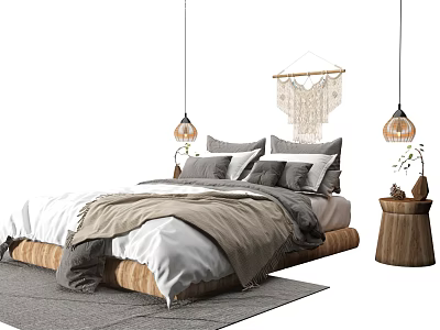 Double Bed with Gray and White Bedding Macramé Hanging Pendant Lights Wooden Side Table 3d model
