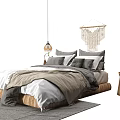 Double Bed with Gray and White Bedding Macramé Hanging Pendant Lights Wooden Side Table