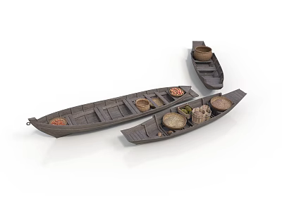 Three Miniature Wooden Boat Models With Decorative Baskets And Containers 3d model