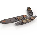 Three Miniature Wooden Boat Models With Decorative Baskets And Containers